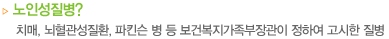 노인성질병? 치매, 뇌혈관성질환, 파킨슨 병 등 보건복지가족부장관이 정하여 고시한 질병